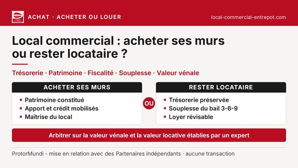 Local commercial : acheter ses murs ou rester locataire - patrimoine, apport et crédit, maîtrise du local, ou trésorerie préservée, souplesse du bail et loyer révisable, arbitrés sur la valeur vénale et la valeur locative établies par un expert - ProtorMundi