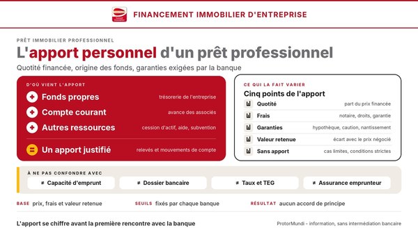 Schéma de l'apport personnel d'un prêt professionnel : origines de l'apport (fonds propres, compte courant, autres ressources) et cinq points de l'apport