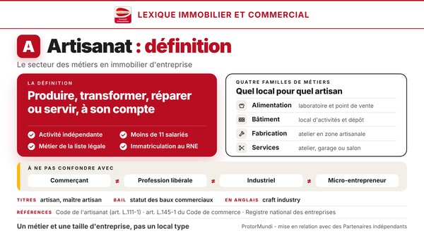 Schéma de la définition de l'artisanat : produire, transformer, réparer ou servir à son compte, quatre conditions, quatre familles de métiers avec leur type de local (alimentation, bâtiment, fabrication, services) et statuts à ne pas confondre (commerçant, profession libérale, industriel, micro-entrepreneur) - ProtorMundi