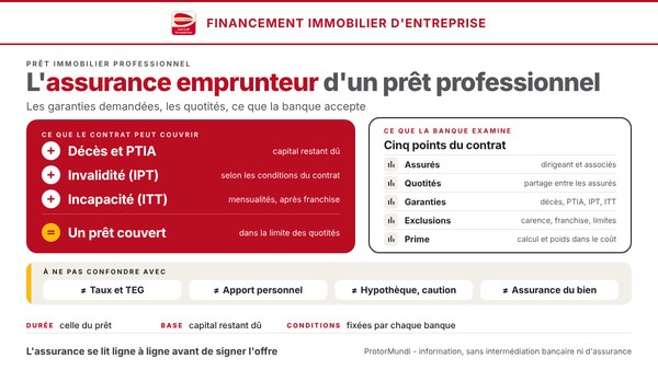 Schéma de l'assurance d'un prêt professionnel : ce que le contrat peut couvrir (décès et PTIA, invalidité, incapacité) et cinq points examinés par la banque
