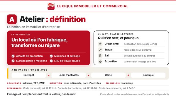 Schéma de la définition de l'atelier : local où l'on fabrique, transforme ou répare, quatre caractéristiques, quatre lectures (urbanisme, travail, bail, expertise) et locaux à ne pas confondre (entrepôt, local d'activités, usine, boutique) - ProtorMundi