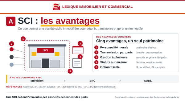 Schéma des cinq avantages de la SCI (personnalité morale, transmission par parts, gestion à plusieurs, statuts sur mesure, option fiscale IR ou IS) et des structures à ne pas confondre (indivision, SNC, SARL) - ProtorMundi