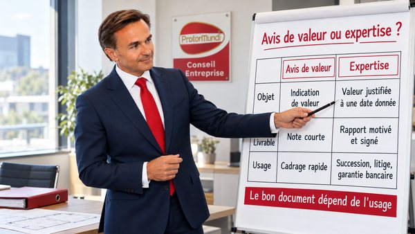 Expert immobilier présentant sur un paperboard la comparaison entre avis de valeur et expertise : objet, livrable et usage