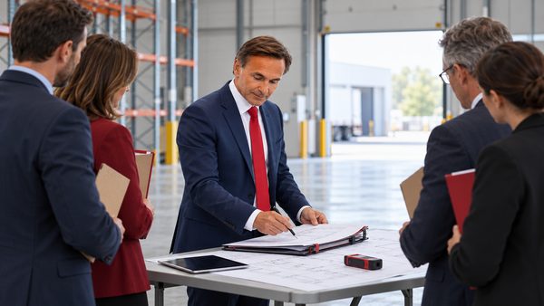 Expert immobilier judiciaire et parties réunis autour des plans et du dossier de mission dans un entrepôt