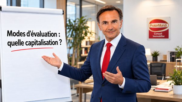 Professionnel de l’immobilier présentant au paperboard la méthode par capitalisation, parmi les modes d’évaluation immobilière