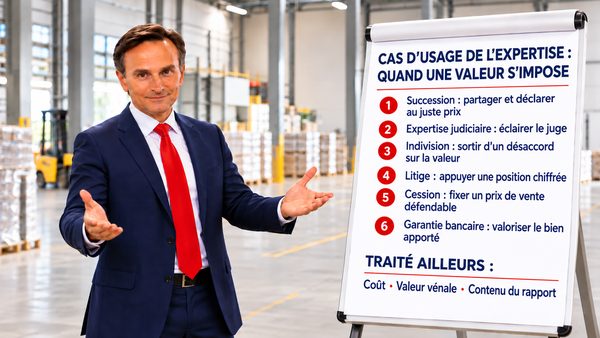 Expert immobilier présentant sur un paperboard, dans un entrepôt, les cas d’usage de l’expertise : succession, expertise judiciaire, indivision, litige, cession et garantie bancaire