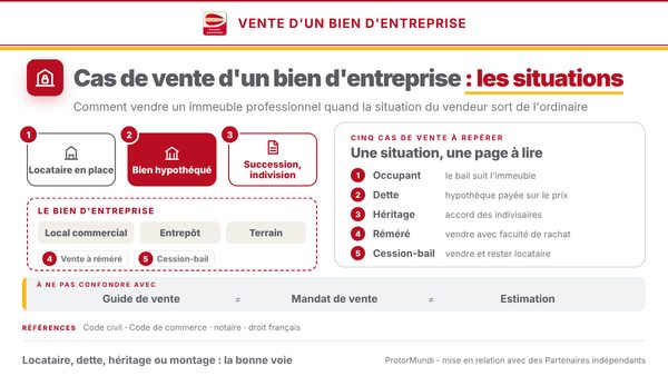 Cas de vente d'un bien d'entreprise : locataire en place, bien hypothéqué, succession, indivision, réméré et cession-bail
