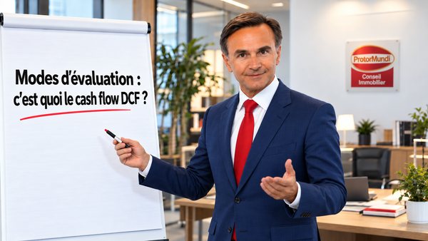 Expert immobilier présentant au paperboard le cash-flow actualisé (DCF), parmi les modes d’évaluation immobilière