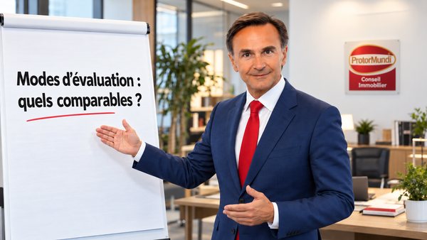 Expert immobilier présentant au chevalet le choix des comparables pour une évaluation immobilière