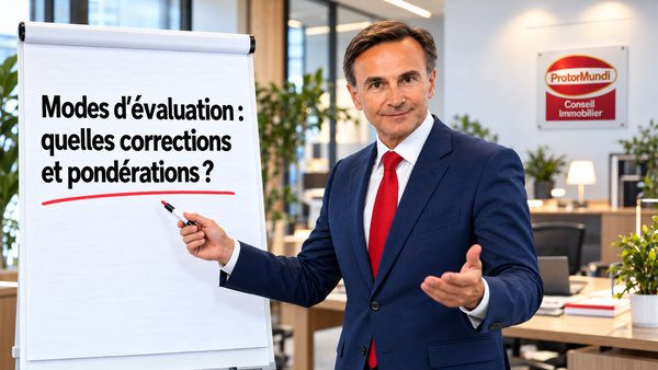 Expert immobilier présentant au paperboard les corrections et pondérations d’une évaluation immobilière