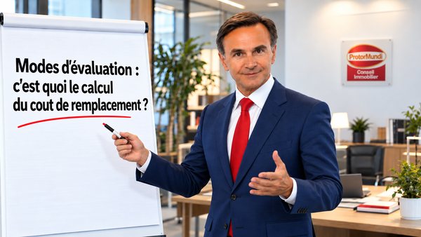 Expert immobilier présentant au paperboard le calcul du coût de remplacement, parmi les modes d’évaluation immobilière