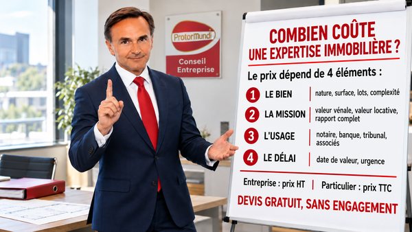 Expert immobilier présentant sur un paperboard les quatre éléments qui déterminent le coût d’une expertise : bien, mission, usage et délai