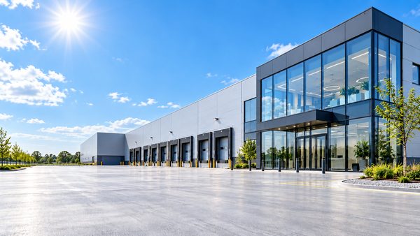 Crédit-bail immobilier professionnel : entrepôt moderne avec quais de chargement et bureaux vitrés, immeuble d'activités financé en crédit-bail