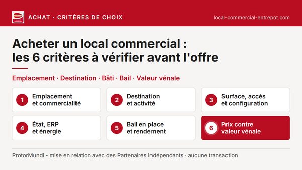 Critères pour acheter un local commercial : emplacement et commercialité, destination et activité, surface, accès et configuration, état ERP et énergie, bail en place et rendement, prix comparé à la valeur vénale - ProtorMundi