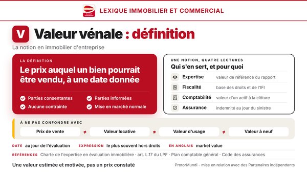 Schéma de la définition de la valeur vénale : prix auquel un bien pourrait être vendu à une date donnée, quatre conditions, quatre lectures (expertise, fiscalité, comptabilité, assurance) et notions à ne pas confondre (prix de vente, valeur locative, valeur d'usage, valeur à neuf) - ProtorMundi