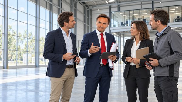 Expert immobilier, agent immobilier, notaire et diagnostiqueur échangeant dans un entrepôt vide, tablette, clés et plans en main