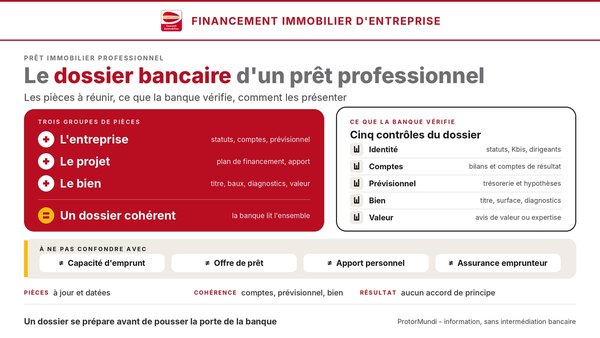 Schéma du dossier bancaire d'un prêt professionnel : trois groupes de pièces (entreprise, projet, bien) et cinq contrôles de la banque