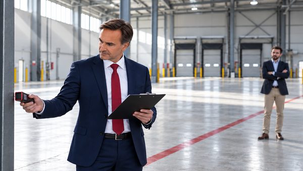 Expert immobilier indépendant relevant les mesures d'un entrepôt vide, dirigeant observant en retrait