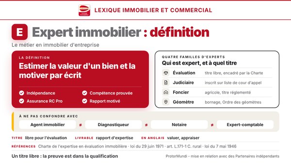Schéma de la définition de l'expert immobilier : estimer la valeur d'un bien et la motiver par écrit, quatre conditions (indépendance, compétence prouvée, assurance, rapport motivé), quatre familles d'experts (évaluation, judiciaire, foncier, géomètre) et métiers à ne pas confondre (agent immobilier, diagnostiqueur, notaire, expert-comptable) - ProtorMundi
