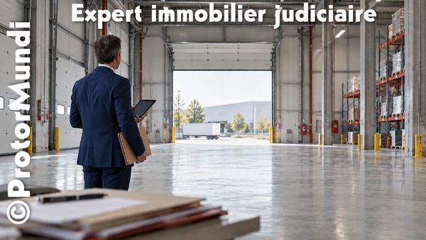 Expert immobilier judiciaire examinant un entrepôt logistique vide, tablette et dossier en main