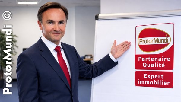 Expert immobilier partenaire ProtorMundi présentant, devant un paperboard, le label « Partenaire Qualité - Expert immobilier » - ProtorMundi