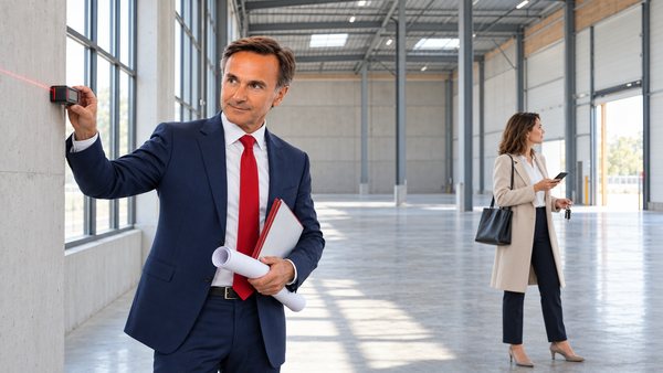 Expert immobilier au télémètre laser et agent immobilier avec clés et téléphone, dans un entrepôt vide