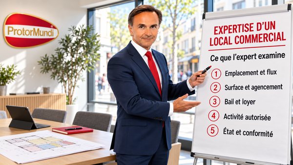 Expert immobilier présentant sur un paperboard les cinq points d’une expertise de local commercial : emplacement, surface, bail, activité autorisée et état