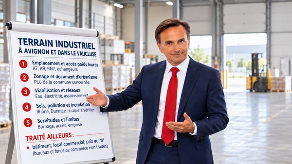 Expert immobilier présentant sur un paperboard, dans un entrepôt, les cinq points d’une expertise de terrain industriel à Avignon et dans le Vaucluse : emplacement et accès poids lourds, zonage et document d’urbanisme, viabilisation et réseaux, sols, pollution et inondation, servitudes et limites