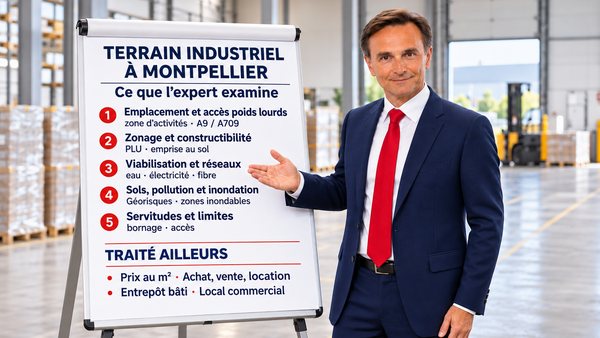 Expert immobilier présentant sur un paperboard, dans un entrepôt, les cinq points d’une expertise de terrain industriel à Montpellier : emplacement et accès poids lourds, zonage et constructibilité, viabilisation et réseaux, sols, pollution et inondation, servitudes et limites