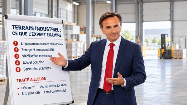 Expert immobilier présentant sur un paperboard, dans un entrepôt, les cinq points d’une expertise de terrain industriel : emplacement et accès poids lourds, zonage, viabilisation, sols et pollution, servitudes