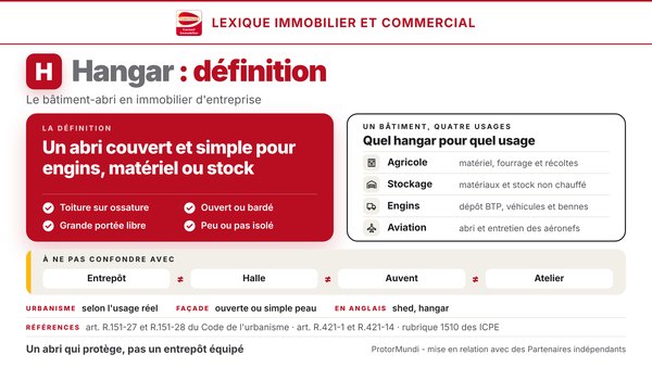 Schéma de la définition du hangar : un abri couvert et simple pour engins, matériel ou stock, quatre critères, quatre usages (agricole, stockage, engins, aviation) et constructions à ne pas confondre (entrepôt, halle, auvent, atelier) - ProtorMundi