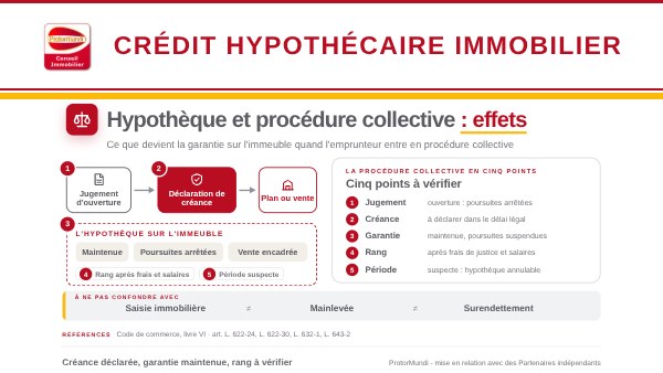 Schéma de l'hypothèque en procédure collective : jugement d'ouverture, déclaration de créance, plan ou vente, garantie maintenue et poursuites arrêtées, cinq points (jugement, créance, garantie, rang, période suspecte) et notions à ne pas confondre - ProtorMundi