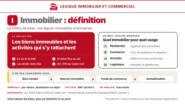Schéma de la définition de l'immobilier : les biens immeubles et les activités qui s'y rattachent, quatre critères, quatre marchés (résidentiel, commerce, activités, logistique) et notions à ne pas confondre (bien meuble, marché immobilier, fonds de commerce, immobilisation) - ProtorMundi