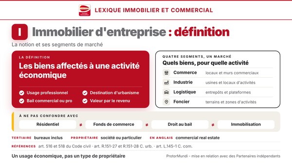 Schéma de la définition de l'immobilier d'entreprise : les biens affectés à une activité économique, quatre critères, quatre segments (commerce, industrie, logistique, foncier) et notions à ne pas confondre (résidentiel, fonds de commerce, droit au bail, immobilisation) - ProtorMundi