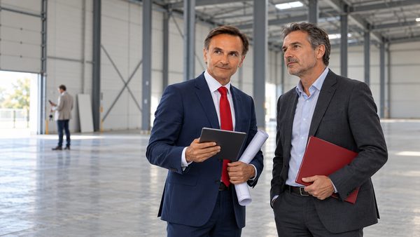 Dirigeant et expert immobilier indépendant dans un entrepôt vide, un agent mandataire au fond
