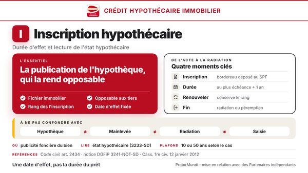 Schéma de l'inscription hypothécaire : fichier immobilier, opposabilité et rang, durée d'effet, renouvellement ou péremption, et lecture de l'état hypothécaire - ProtorMundi