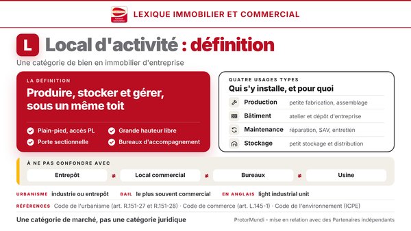 Schéma de la définition du local d'activité : produire, stocker et gérer sous un même toit, quatre caractéristiques, quatre usages types (production, bâtiment, maintenance, stockage) et locaux à ne pas confondre (entrepôt, local commercial, bureaux, usine) - ProtorMundi