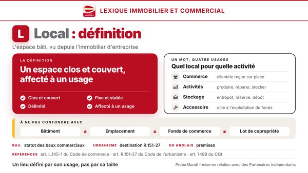 Schéma de la définition du local : un espace clos et couvert affecté à un usage, quatre critères, quatre usages (commerce, activités, stockage, accessoire) et notions à ne pas confondre (bâtiment, emplacement, fonds de commerce, lot de copropriété) - ProtorMundi