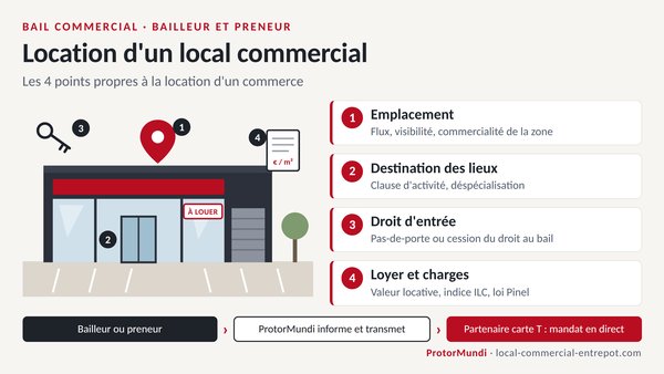 Schéma de la location d'un local commercial : 1 emplacement, 2 destination des lieux, 3 pas-de-porte ou droit au bail, 4 loyer, indice ILC et charges ; ProtorMundi transmet la demande au Partenaire titulaire de la carte T qui signe le mandat - ProtorMundi