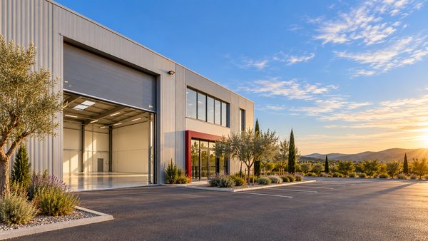 Location immobilier d'entreprise : bâtiment d'activités avec porte sectionnelle ouverte sur un entrepôt, accueil vitré et parking en zone d'activités - ProtorMundi
