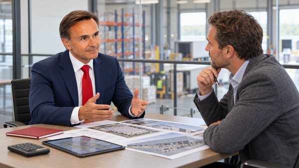 Expert immobilier expliquant à un chef d’entreprise les modes d’évaluation d’un entrepôt, plans sur la table