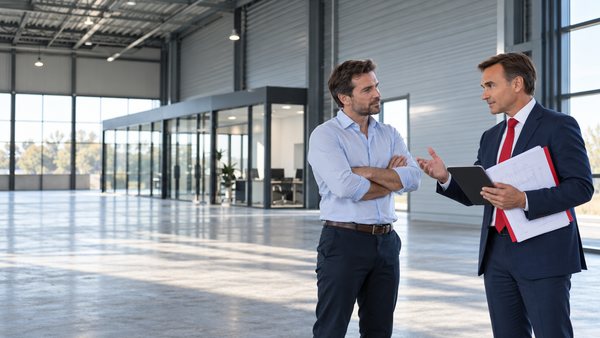 Expert immobilier et dirigeant échangeant dans un entrepôt vide, tablette et plans en main