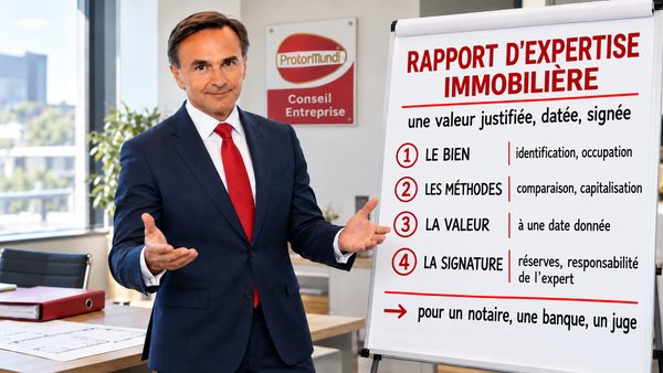 Expert immobilier présentant sur un paperboard les quatre blocs d’un rapport d’expertise : bien, méthodes, valeur et signature