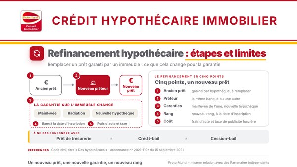 Schéma du refinancement hypothécaire : l'ancien prêt est remplacé par un nouveau prêt, la garantie sur l'immeuble change (mainlevée, radiation, nouvelle hypothèque), cinq points et notions à ne pas confondre - ProtorMundi