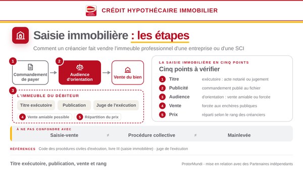 Schéma de la saisie immobilière d'un immeuble professionnel : commandement de payer, audience d'orientation, vente du bien, cinq points (titre, publicité, audience, vente, prix) et notions à ne pas confondre (saisie-vente, procédure collective, mainlevée) - ProtorMundi