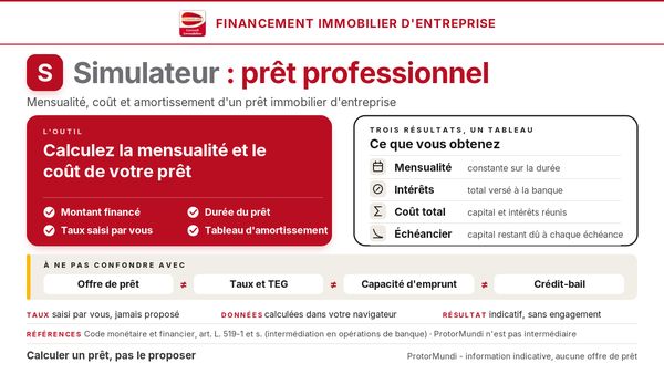 Simulateur de prêt immobilier professionnel : mensualité, intérêts, coût total et échéancier calculés à partir du taux saisi par l'utilisateur
