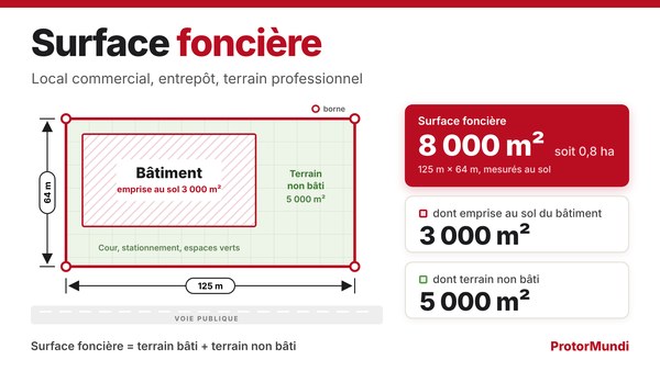 Schéma de la surface foncière : terrain de 125 m sur 64 m, soit 8 000 m² ou 0,8 hectare, dont 3 000 m² d'emprise au sol du bâtiment et 5 000 m² de terrain non bâti - ProtorMundi