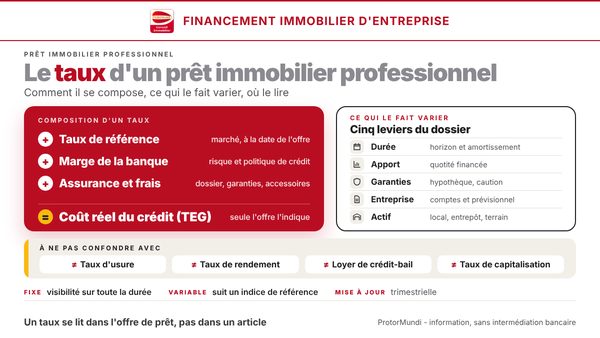 Schéma de la composition du taux d'un prêt immobilier professionnel : taux de référence, marge de la banque, assurance et frais, et les cinq leviers du dossier