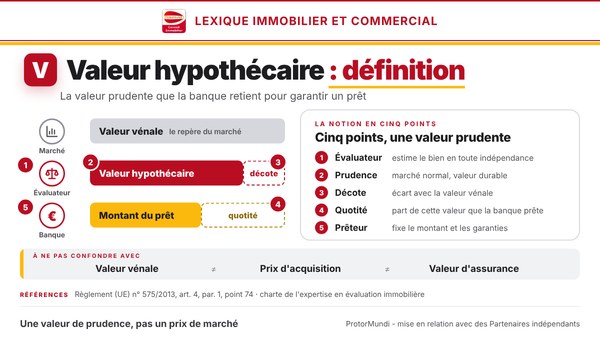 Schéma de la valeur hypothécaire : la valeur vénale sert de repère, la valeur hypothécaire retenue par la banque s'en écarte d'une décote, le montant du prêt en est une quotité ; cinq points (évaluateur, prudence, décote, quotité, prêteur) et valeurs à ne pas confondre (vénale, prix d'acquisition, d'assurance) - ProtorMundi