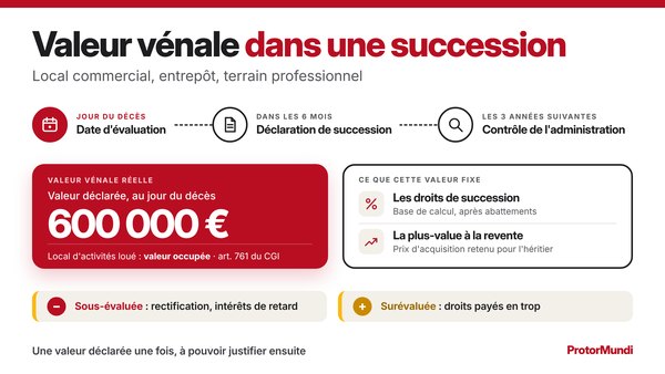 Schéma de la valeur vénale dans une succession : valeur vénale réelle de 600 000 € déclarée au jour du décès, déclaration de succession dans les 6 mois, contrôle de l'administration les 3 années suivantes, base des droits de succession et prix d'acquisition pour la plus-value à la revente - ProtorMundi